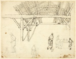 Rejected Study, Possibly for an Illustration of the Custom House, from Microcosm of London (recto); Sketches of Workers with Barrels (verso) by Augustus Charles Pugin