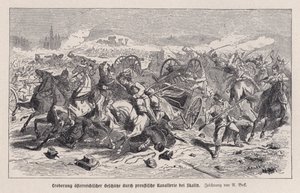 Austrian guns captured by Prussian cavalry at the Battle of Skalitz, Bohemia, Austro-Prussian War by Augustus J. Beck