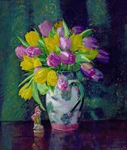 Yellow and Mauve Tulips in a Vase by Augustus William Enness