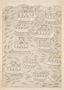 Enemies of the Assyrians taking refuge in ships, from Monuments of Nineveh by Austen Henry Layard