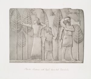 Huntsmen with gazelle, hare and birds (Khorsabad) by Austen Henry Layard