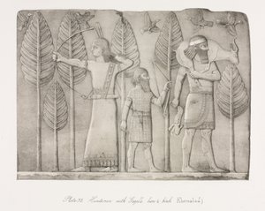 Monuments of Nineveh: Plate 32, Huntsmen with Gazelle, Hare and Birds (Khorsabad) by Austen Henry Layard