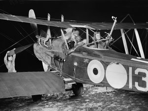 Lieutenant Stanley George Brearley, pilot, and Lieutenant Robert Harold Taylor, observer, of No. 69 Squadron (Australian), Royal Flying Corps, starting out for a night bombing operation