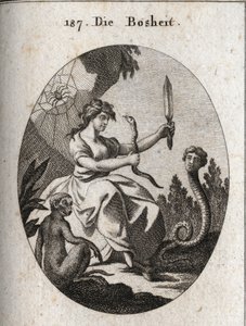 Allegory of malice. She looks happy with an aspic and a dagger. Its attributes are the snake with a human face that desires fraud, the monkey that is the emblem of malice, and the spider that alludes to traps. Engraving in “Iconologie oder Ideen aus dem by Austrian School