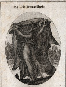Allegory of Darkness. It extends a dark veil with which it prevents the penetration of light. Its attributes are the owl and other night birds. Engraving in 