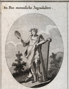 Allegory of adolescence represented by a young man leaning on a harp and holding a mirror. His foot is placed on an hourglass. Engraving in 