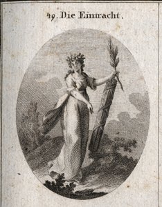 Allegory of concord represented with a crown of pomegranates emblem of union. The olive branch and a symbol of peace and the bundle of rods tightly tied together marks the power of united forces. Engraving in 