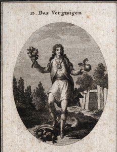 Allegory of Contentment represented by a young man holding a golden apple with one hand and a bouquet of flowers with the other. They show that everything that surrounds him participates in his joy, which is symbolized by the ruby radiating on his chest. I by Austrian School