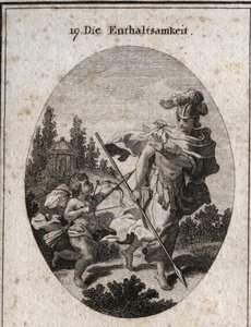 Allegory of Continence, Heroic Virtue Represented as a Warrior with a Helmet and a Spear Turned Towards the Earth. She Avoids Fighting Passions (Represented by Love) and Defends Herself from Their Atraits to Preserve Her Chastity. Engraving in Iconologi by Austrian School