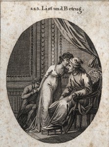 Allegory of cunning and deception. Expression: Who gives you more caresses than usual, it is a sign that he has cheated on you or that he wants to deceive you. Engraving in 