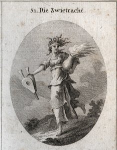Allegory of discord. Her hair is formed of vipers and her forehead is a bloody bandage. A bellows in one hand and in the other a vase of fire. Engraving in 