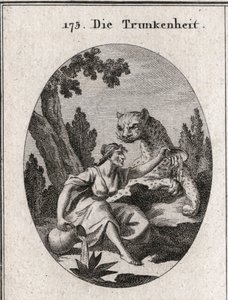 Allegory of drunkenness. She holds a jug and a cup full of wine that she leaves. Its symbol is a panther symbol of the fury of drunkenness. Engraving in 