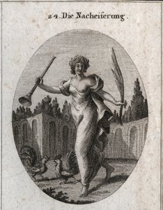 Allegory of emulation. The trumpet and palm symbolize the reward attributed to the merit. The attributes are two cockerels ready to fight. Engraving in 