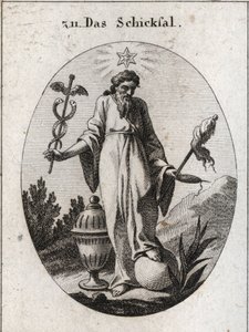 Allegory of fate. A star above it reflects reports of astrology on incidents of human life. He holds with one hand a deciduous symbol of his power and on the other a cattail symbol and a spindle whose broken thread indicates the fragility of life. The land by Austrian School
