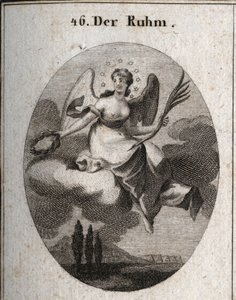 Allegory of Glory on a Cloud. She Holds a Palm and Presents Laurel Wreaths from Which She Recompenses Her Favorites. Her Wings Mark Her Elevation. Engraving in 