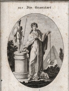 Allegory of Gravity. The Gold Chain to Which a Paper Is Attached Symbolizes Trust. The Column and Statue Mean the Conservation of Glorious Actions and the Stone Denotes the Weighting. Engraving in 