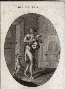 Allegory of Greed depicted in rags with a gold chain that serves as a belt, emphasizing that possession of property makes her a slave to the point of refusing necessities. On the stock exchange is the name Pluto, god of wealth in mythology. by Austrian School