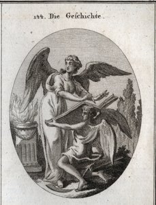 Allegory of history. His actions of listening and writing on a great book supported by time means the action of being informed to retranscribe the memory of past things. Engraving in 