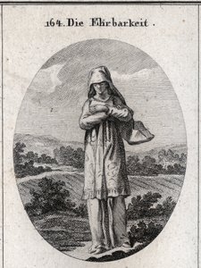 Allegory of honesty. Her eyes are covered by a veil that hides half her face because the eyes are the mirror of the soul and the first sense by which she corrupts herself. Engraving in “Iconologie oder Ideen aus dem Gebiete der Leidenschaften und Allegor by Austrian School