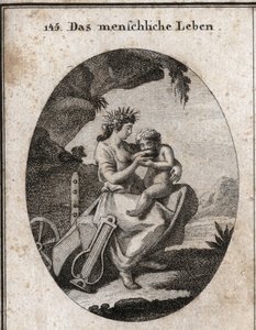 Allegory of human life. Lyre and plow symbolize pleasure and work. She gives a child a drink, essential to live. Engraving in 