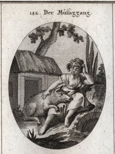 Allegory of Idleness Represented by a Half Asleep Woman Who Scratches Her Head with One Hand and Rests with the Other on a Pig Sleeping on Her Knees. Engraving in 