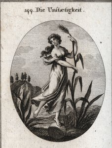 Allegory of instability stirred by the wind. It leans with both hands on a fragile reed and is placed only one foot on a ball. Engraving in 
