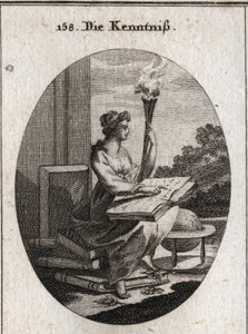 Allegory of knowledge based on various volumes of authors with a book open on their knees. The torch is allusive to the light it diffuses in souls. Engraving in 