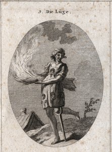 Allegory of lying represented by ugly, bad hair and bad clothes. Her clothing is filled with tongues and masks. The burning straw illustrates the lack of substance of her words and the wooden leg, the little solidity. Engraving in 