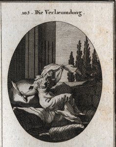 Allegory of slander represented by an idle and soft old woman sitting on cushions. The veil indicates that she is hiding, her tongue is forked and she holds a two-edged knife. Its small coat is made of hedgehog skin trimmed with iron tips. Engraving in 