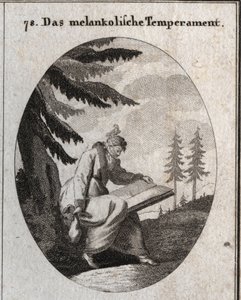 Allegory of melancholic complexion. He holds a book and a purse and his mouth is closed with a blindfold. A bird sits on his head. Engraving in 
