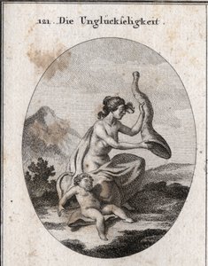 Allegory of misfortune represented meager and extensive. Her attributes are a horn of abundance which she shakes and is empty, and a child perishing with starvation. Engraving in 
