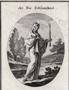 Allegory of modesty. She holds a sceptre above which is an eye that means that modesty must be far-sighted about itself. Engraving in 