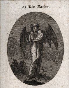 Allegory of Night Represented with Bat Wings. She Holds Two Children Asleep, One White and the Other Black (Dream and Nightmare). Engraving in 