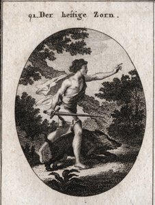 Allegory of Passion or Impetuosity represented by a teenager with a sword to mark that he follows anger. Its attribute is an irritating boar, an animal that always fights without regard to peril. Engraving in 