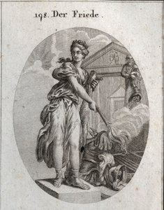 Allegory of Peace. She Wears a Wreath of Olive Trees and Holds a Club While She Burns with a Torch a Trophy of Weapons. Behind It, the Statue of Plutus Means That Abundance and Wealth Are Its Benefits. Engraving in 