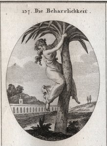 Allegory of perseverance. The palm tree, to which a young girl is attached, is the symbol of virtue. She looks at the earth with disdain. Engraving in 