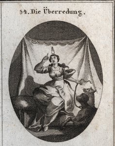 Allegory of Persuasion Represented with a Human Tongue on the Head. She Holds an Animal with Two Heads: a Dog, Emblem of the Insinuation by Docility and Caresses, and a Monkey for the Address to Suggest Sometimes Fraudulent Things. Engraving in 