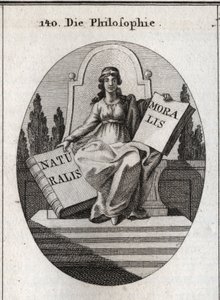 Allegory of philosophy sitting on a marble throne above several steps. She has a golden diadem on the forehead and holds two open books 