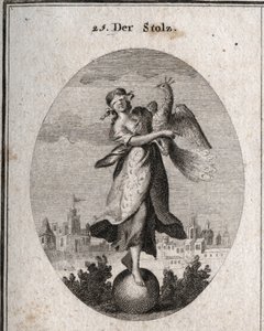 Allegory of Pride Represented by a Young Girl with a Blindfold Placed on a Ball Emblem of Her Little Solidity. The Peacock Symbolizes the Superb Spirit. The Rich Clothing Covers Her Poor Clothes to Show the Outdoors. Engraving in Iconologie oder Ideen a by Austrian School