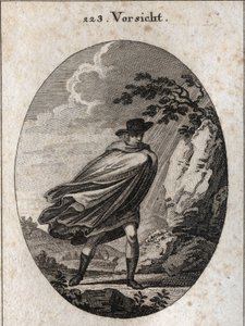 Allegory of providence. Expression: When the weather is nice, take your coat, when it rains, take it, if you want. Engraving in 