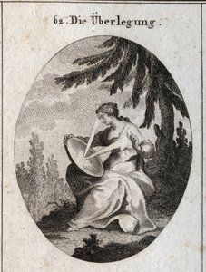 Allegory of Reflection. A ray of light starts from his heart strikes the mirror on his knees and reflects the light on his forehead. Engraving in 