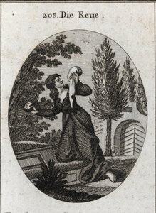 Allegory of Regret Represented with a Knee on a Tomb. She Holds with One Hand a Handkerchief and on the Other a Stone Whose Chest She Strikes. Engraving in 