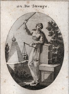 Allegory of rigor represented under a ferocity aspect holding with the right hand a rod of high iron and relying from the left on the book of laws. It has in the same hand a balance, one of which prevails over the other. Engraving in 