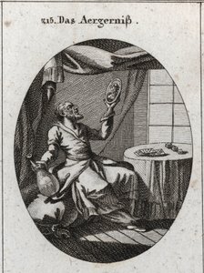 Allegory of scandal. He holds with one hand a bottle and on the other a portrait of a young woman and near a table on which are playing cards and games. Engraving in 