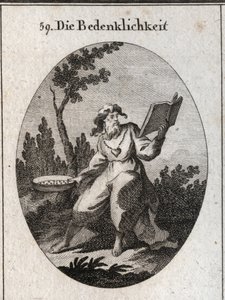 Allegory of scruples represented by an old man with a gold chain to which is attached a heart emblem of candor and good advice. He maintains a calendar that he carefully considers and a sieve that is the attribute of the distinction between good and evil by Austrian School