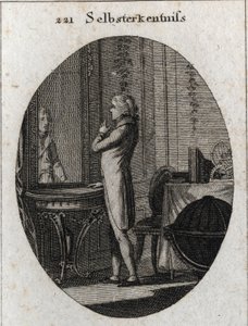 Allegory of self-knowledge. A young man faces a mirror. Engraving in 