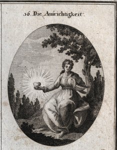 Allegory of Sincerity Holding a Dove Against Her Breast and Presents a Radiant Heart. Engraving in 