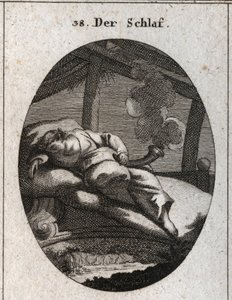 Allegory of Sleeping on a Bed of Ebony Near Which a Stream Flows. He holds a black and polished cone from where comes a steam that means dreams. Engraving in 