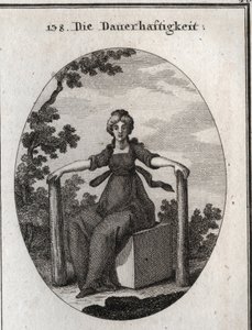 Allegory of stability sitting on a marble cube with two piles plumb plants in the earth. Engraving in 