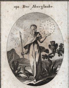 Allegory of superstition. She holds a candle lights and a circle of stars that surrounds the signs of the seven planets that she considers to be anxious. Its attributes are the owl and the crow. Engraving in “Iconologie oder Ideen aus dem Gebiete der Lei by Austrian School